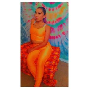 2 Piece Orange Satin Tank Top Stacked Leggings Set